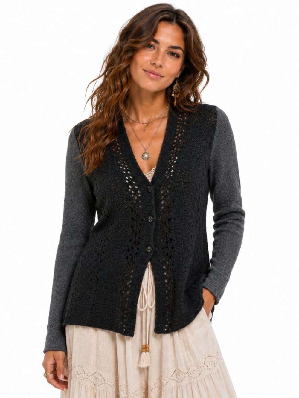 Free People Wool Blend Cardigan Sweater Womens Size S Knit Artsy Boho Inlay